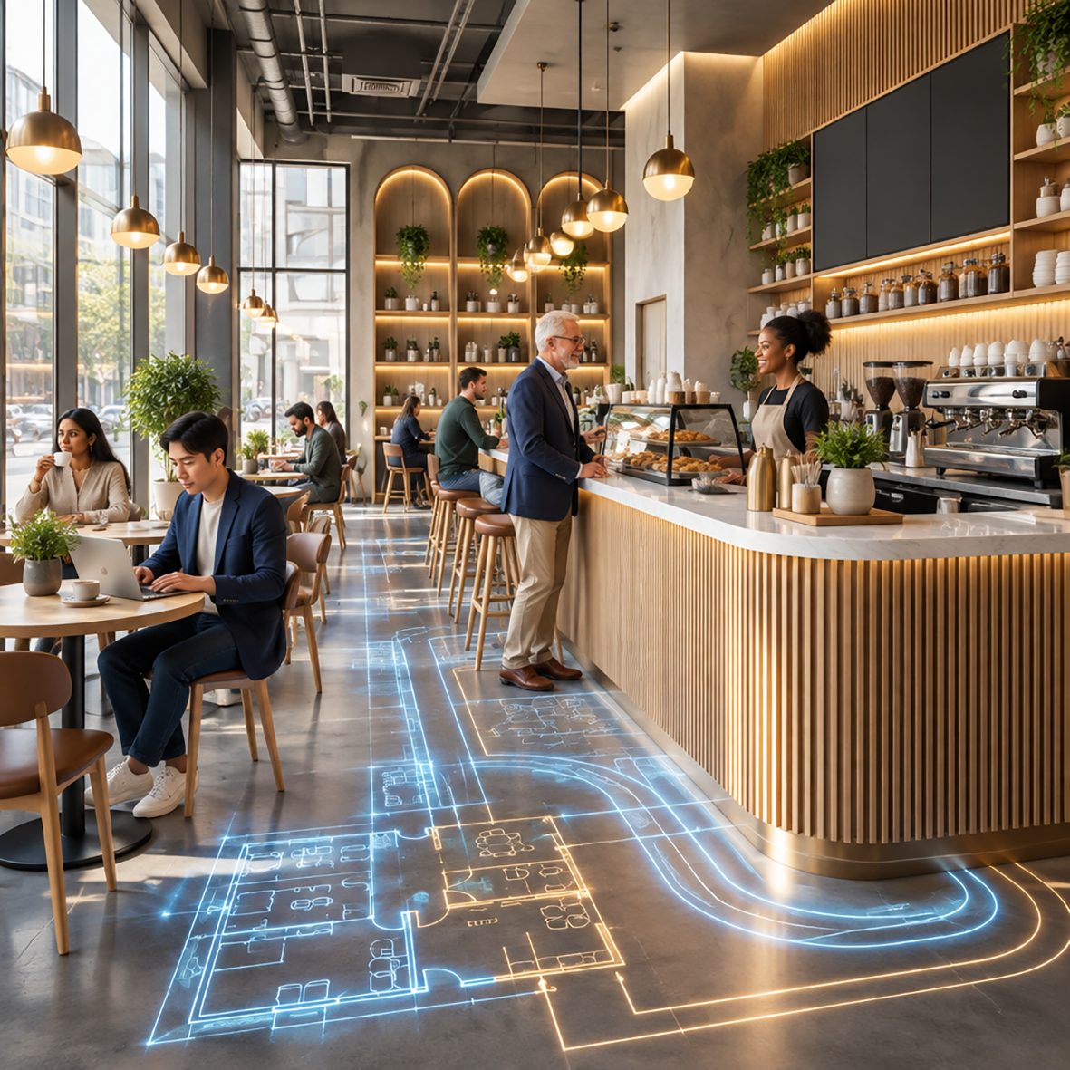 A modern cafe with a glowing floor plan projected onto the floor
